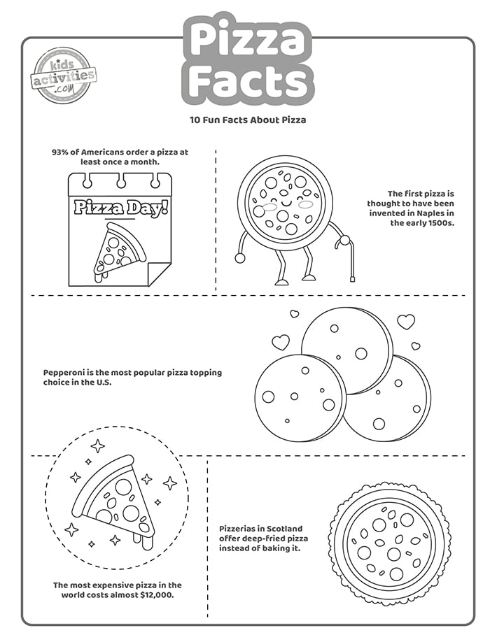 Une capture d'écran d'une feuille de coloriage de pizza en noir et blanc.