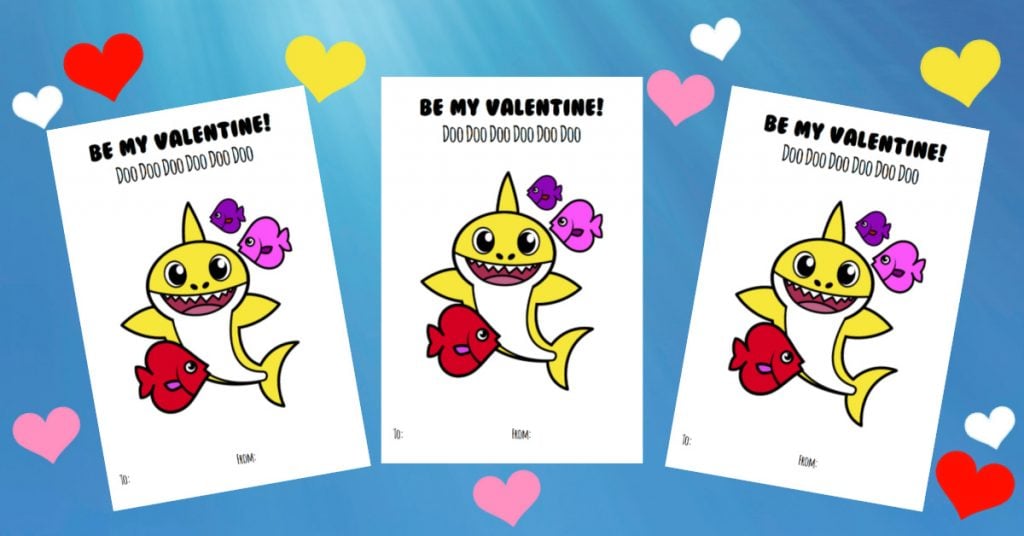 Cartes de Saint-Valentin pour bébé requin - Petite photo rectangulaire de cartes PDF imprimables avec un bébé requin et des poissons sur fond d'océan avec des coeurs rouges, blancs, roses et jaunes - Blog d'activités pour enfants