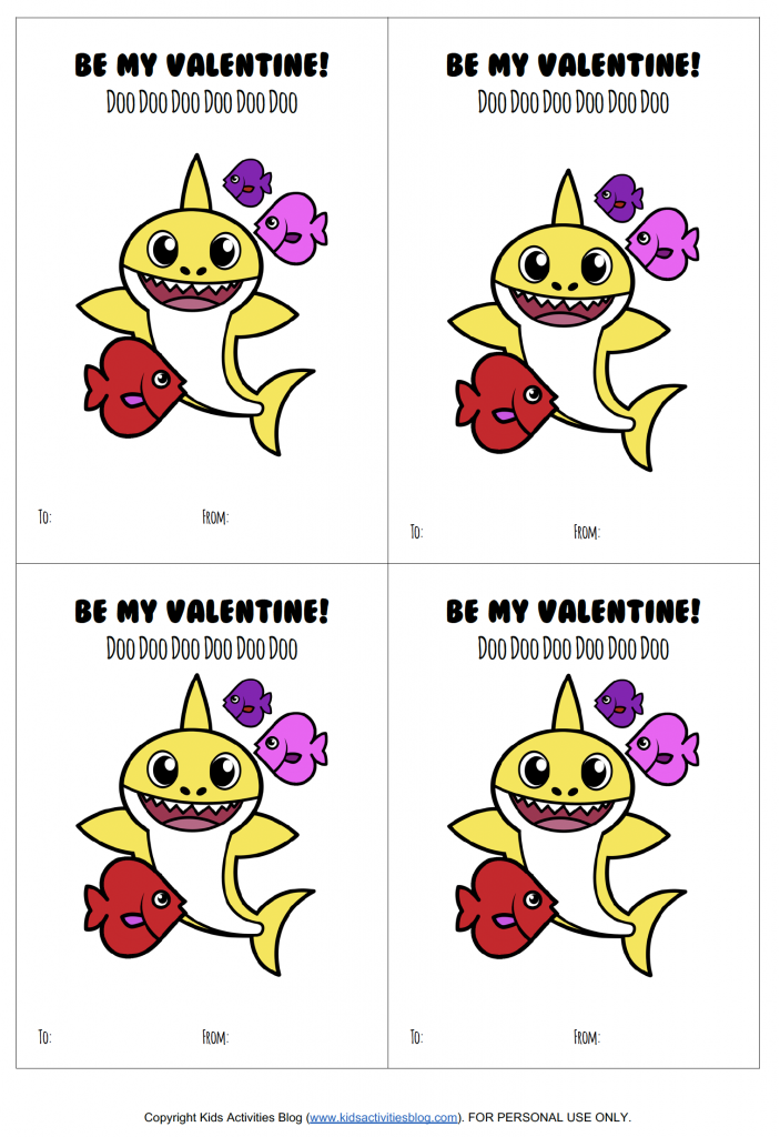 4 jeux de cartes de Saint-Valentin Baby Shark sur fond blanc, fichier pdf imprimé avec requin jaune et poisson rouge, violet et rose - blog d'activités pour enfants