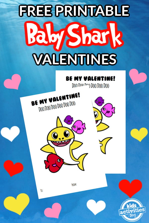 Cartes de Saint-Valentin Baby Shark - Texte : Baby Shark Valentines : cartes PDF imprimables avec des bébés requins et des poissons sur fond d'océan avec des coeurs rouges, blancs, roses et jaunes - blog d'activités pour enfants