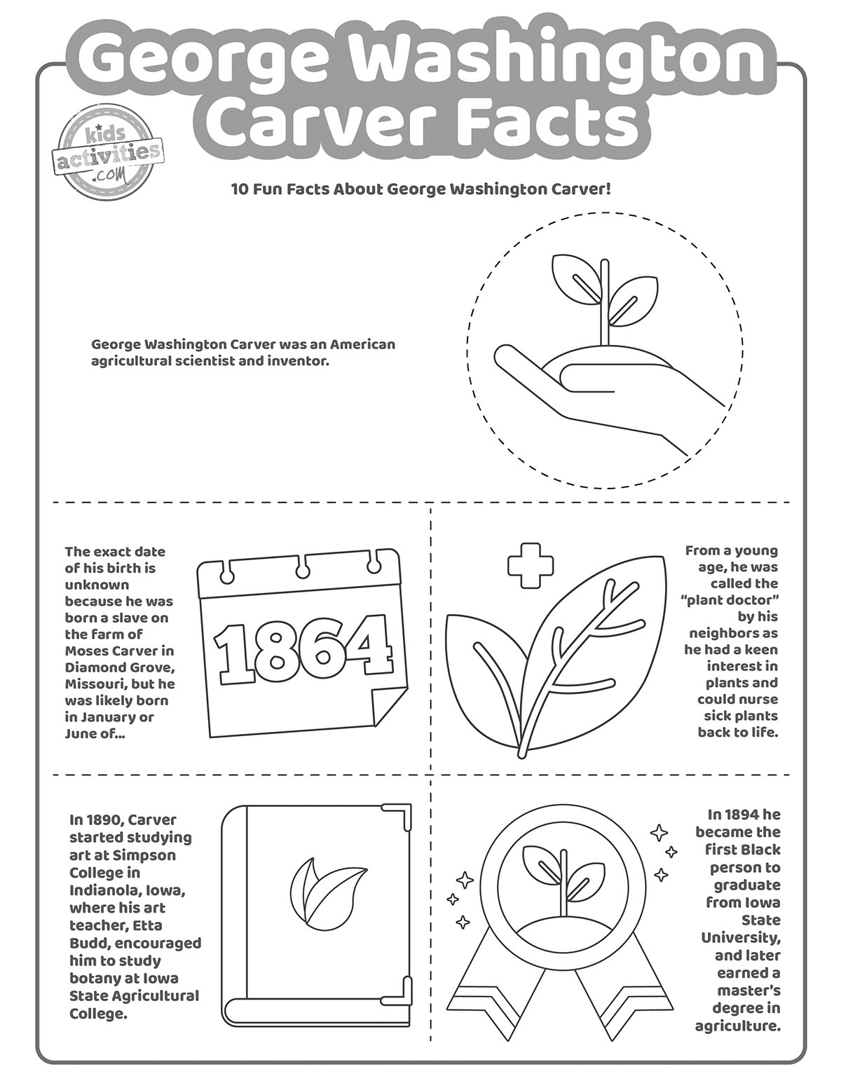 Capture d'écran d'une page à colorier en noir et blanc avec des faits sur George Washington Carver.