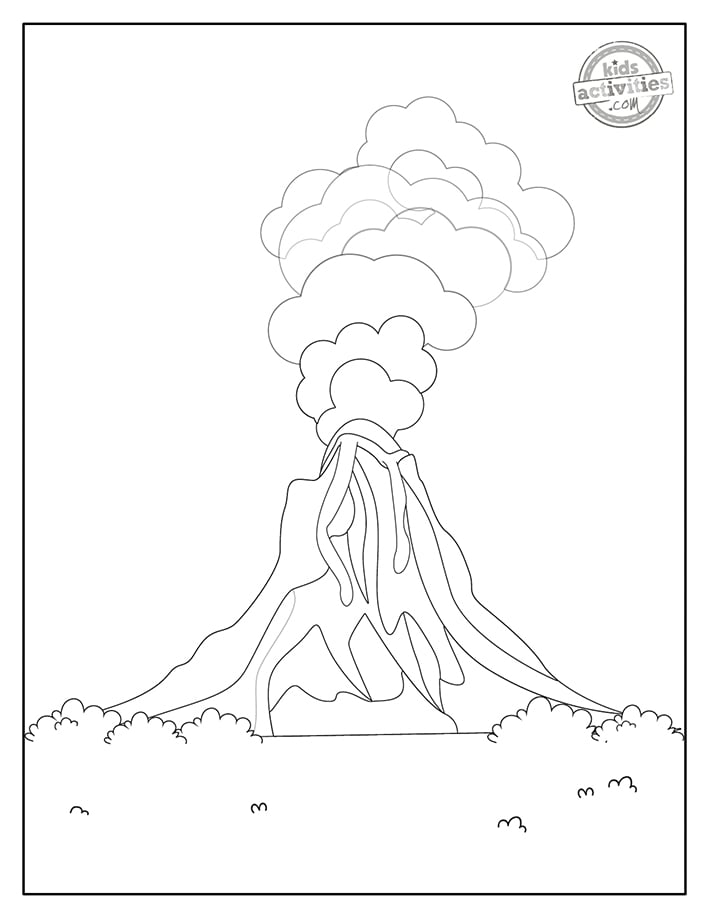 Coloriages Volcan 2- Feuille de coloriage PDF imprimée en noir et blanc avec volcan, plantes et fumée - Blog d'activités pour enfants