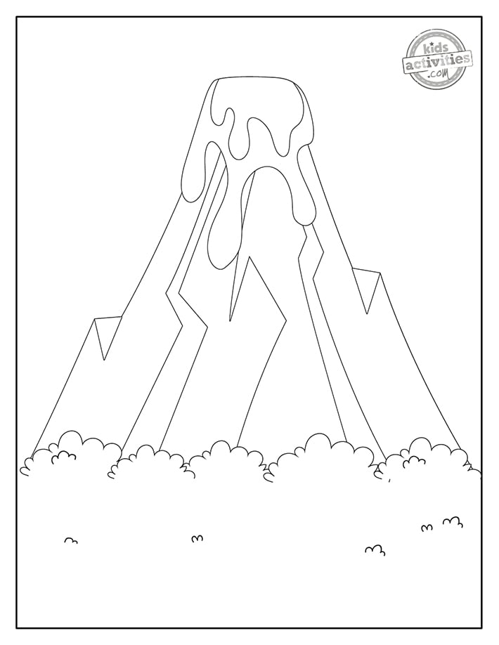 Coloriages Volcan 1- Feuille de coloriage PDF imprimée en noir et blanc avec volcan et plantes- Blog d'activités pour enfants