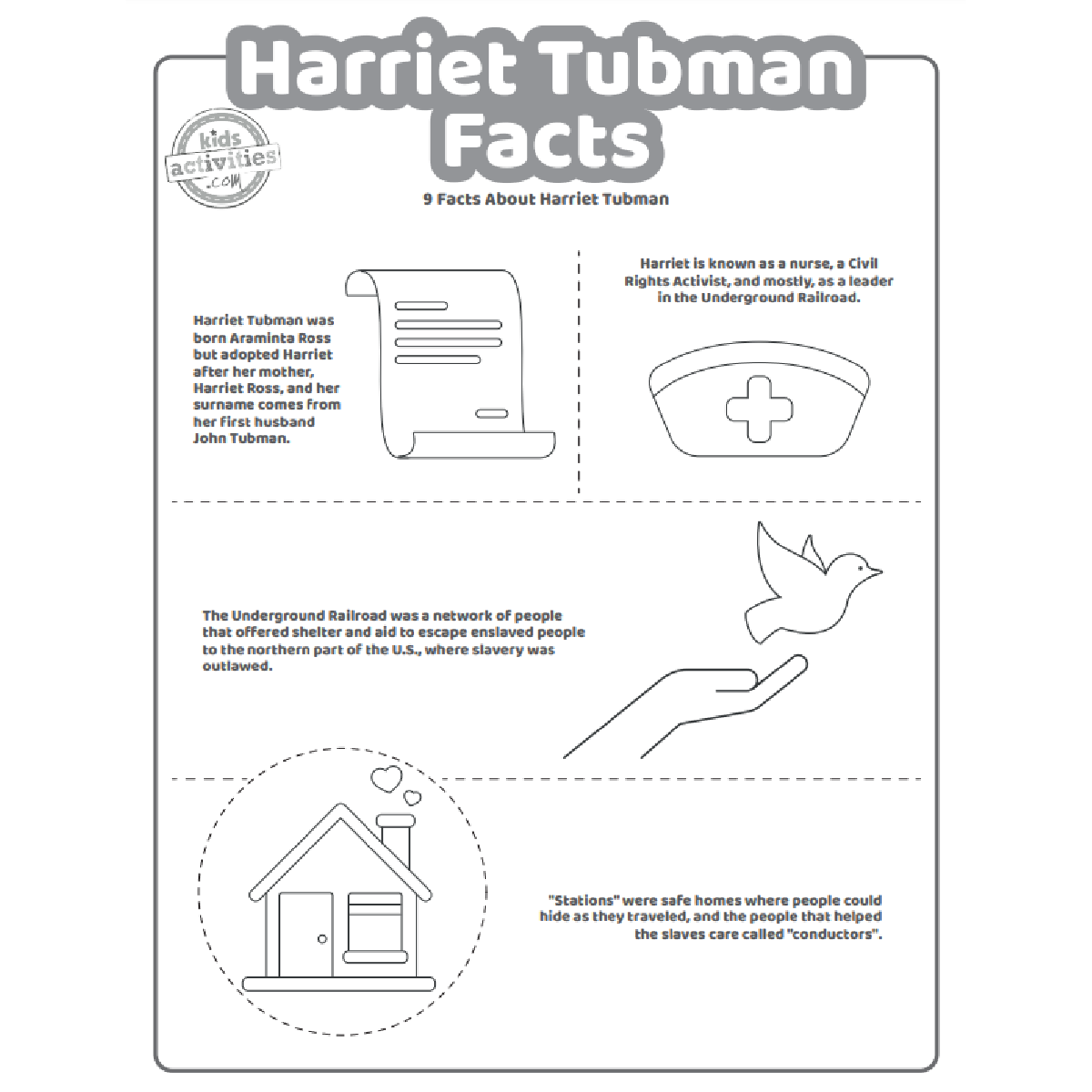 Harriet Tubman faits imprimés fichier pdf page deux montré en noir et blanc avec 5 faits intéressants pour les enfants sur Harriet Tubman
