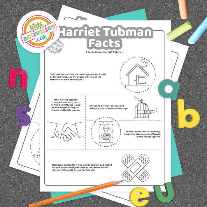 Feuilles de coloriage imprimables sur Harriet Tubman disposées sur un fond lavande avec des lettres multicolores posées sur le dessus.