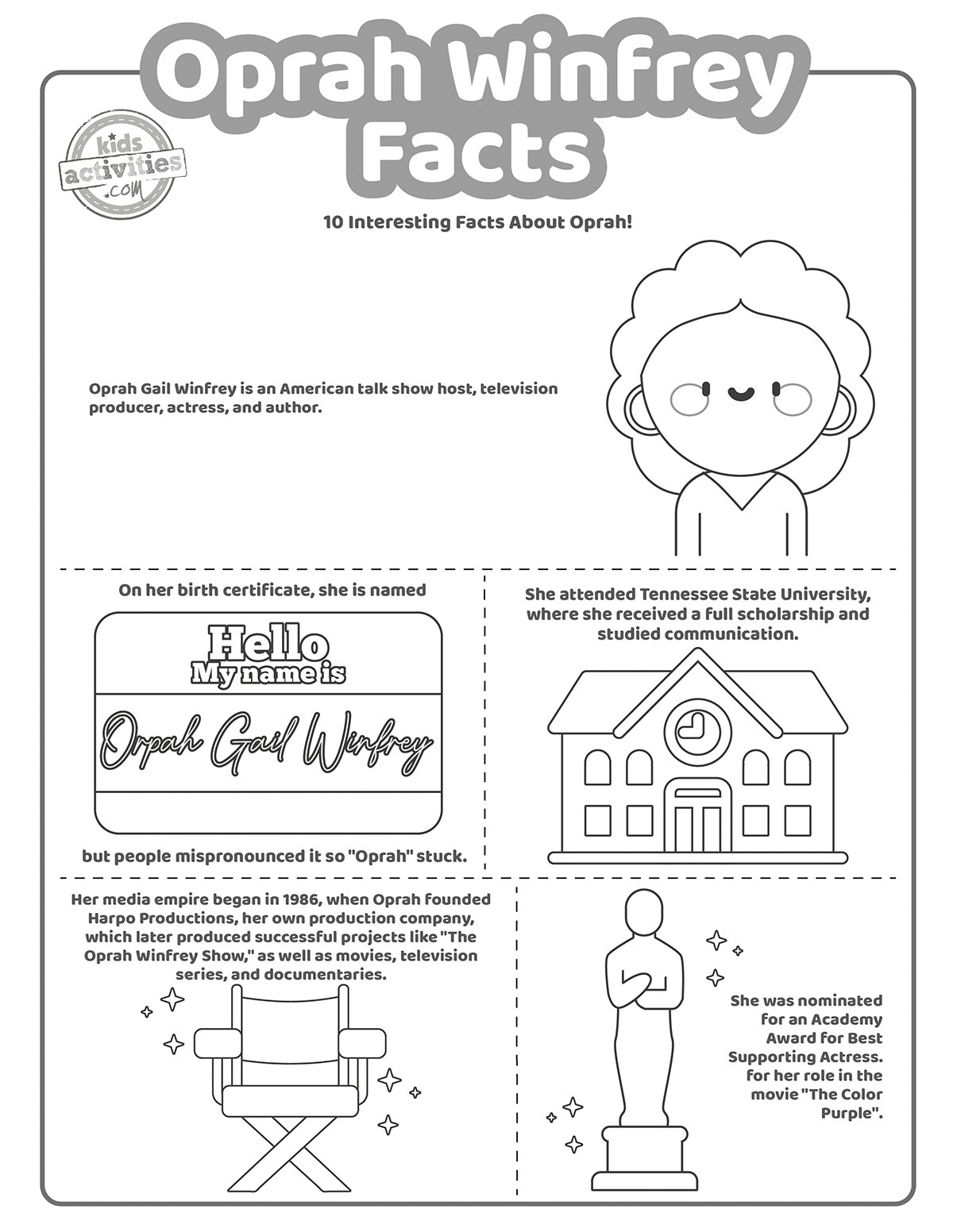 Capture d'écran de faits en noir et blanc sur Oprah Winfrey pour les enfants et de jolies images pour accompagner chaque fait