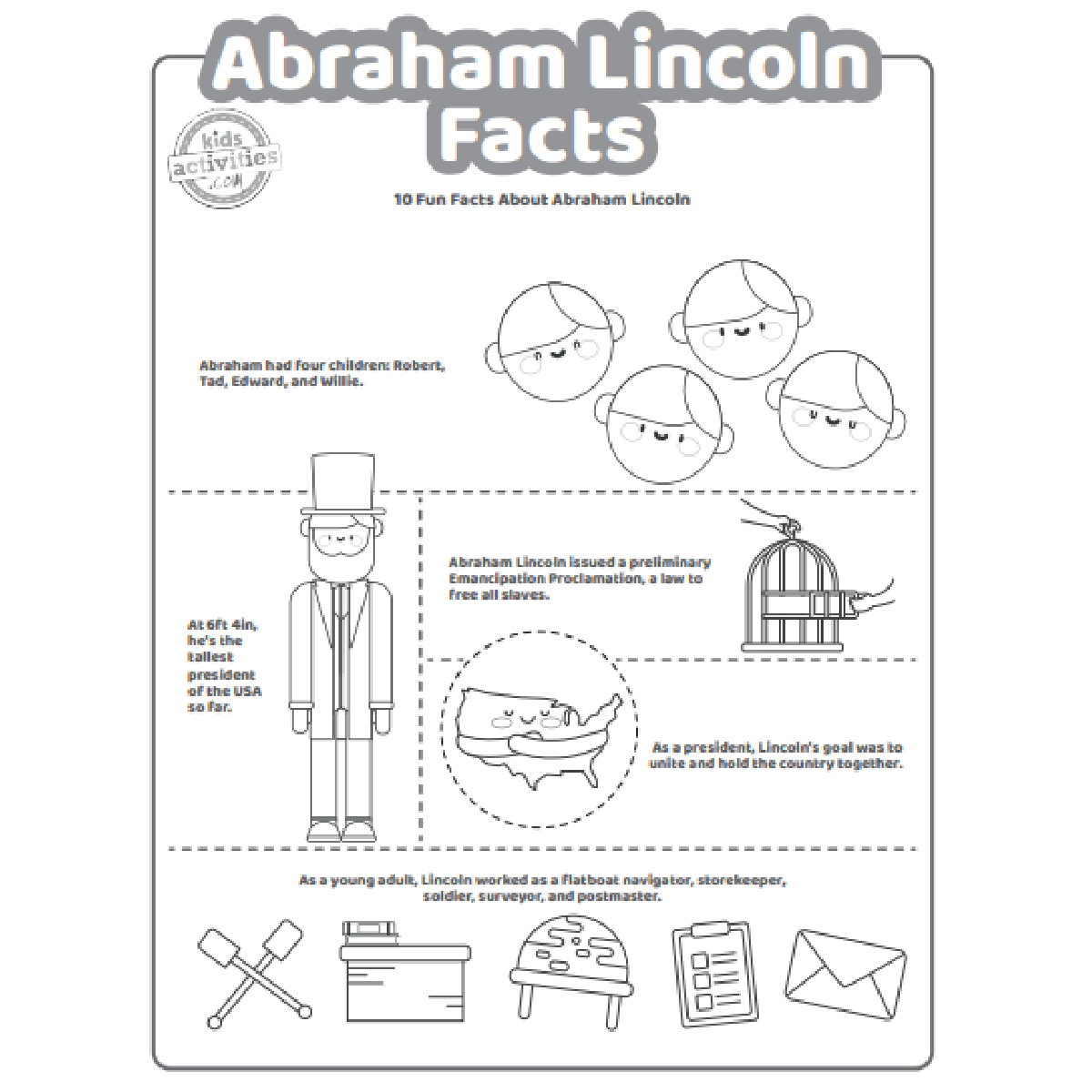 Abraham Lincoln a imprimé la page deux du fichier PDF affiché en noir et blanc avec 5 faits intéressants pour les enfants sur Abraham Lincoln