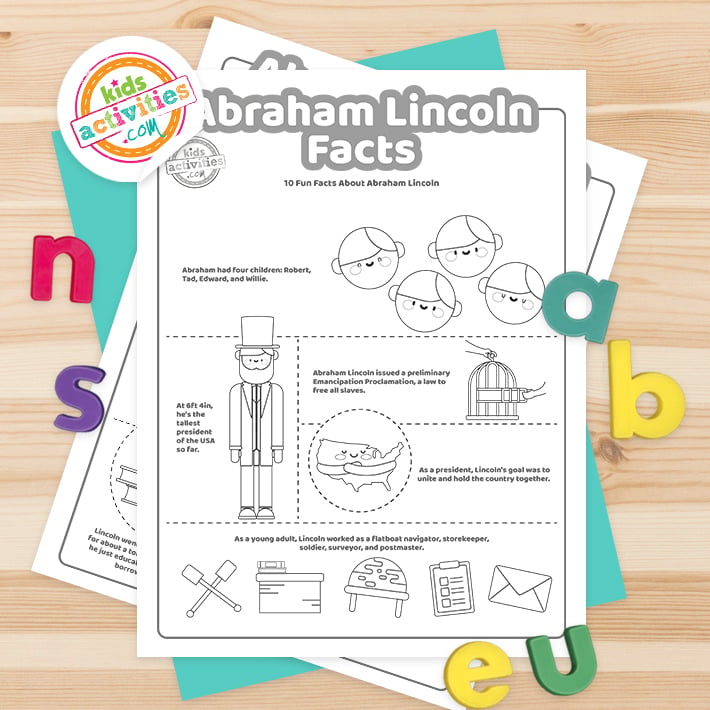 Abraham Lincoln Facts for kids imprimé en pdf en noir et blanc sur une table avec des jouets en forme de lettres - Kids Activities Blog