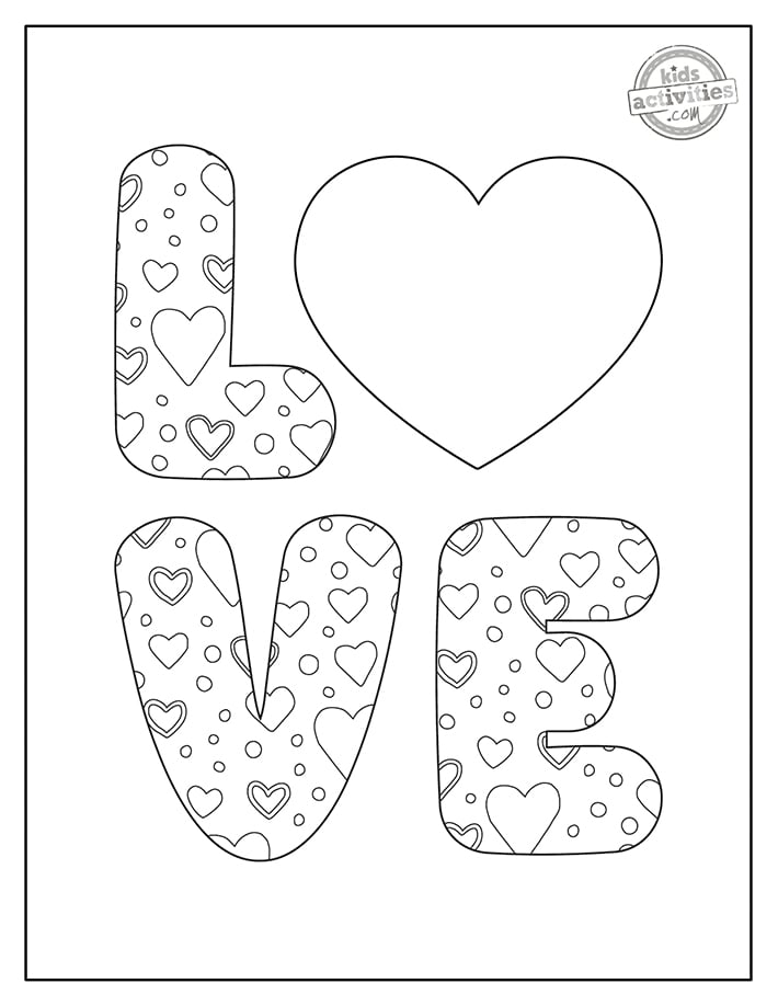 Coloriages d'amour qui épellent le mot AMOUR dans des lettres à bulles qui peuvent être colorées - Kids Activities Blog