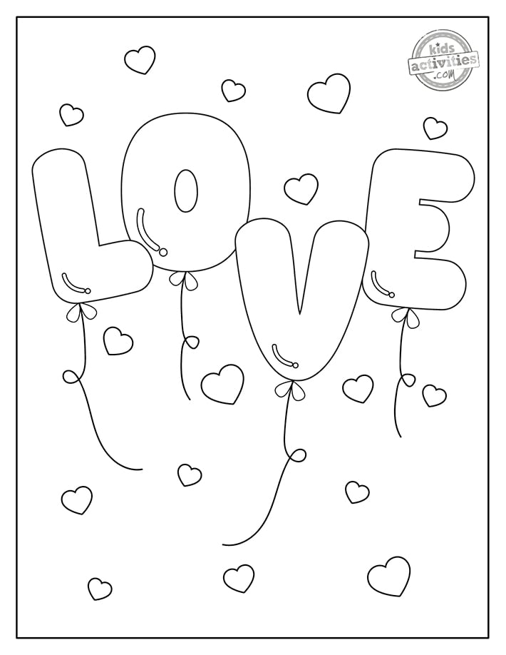 Coloriage de ballons d'amour imprimé pdf présenté en noir et blanc avec des ballons avec chaque lettre du mot amour volant dans les airs - Blog d'activités pour enfants