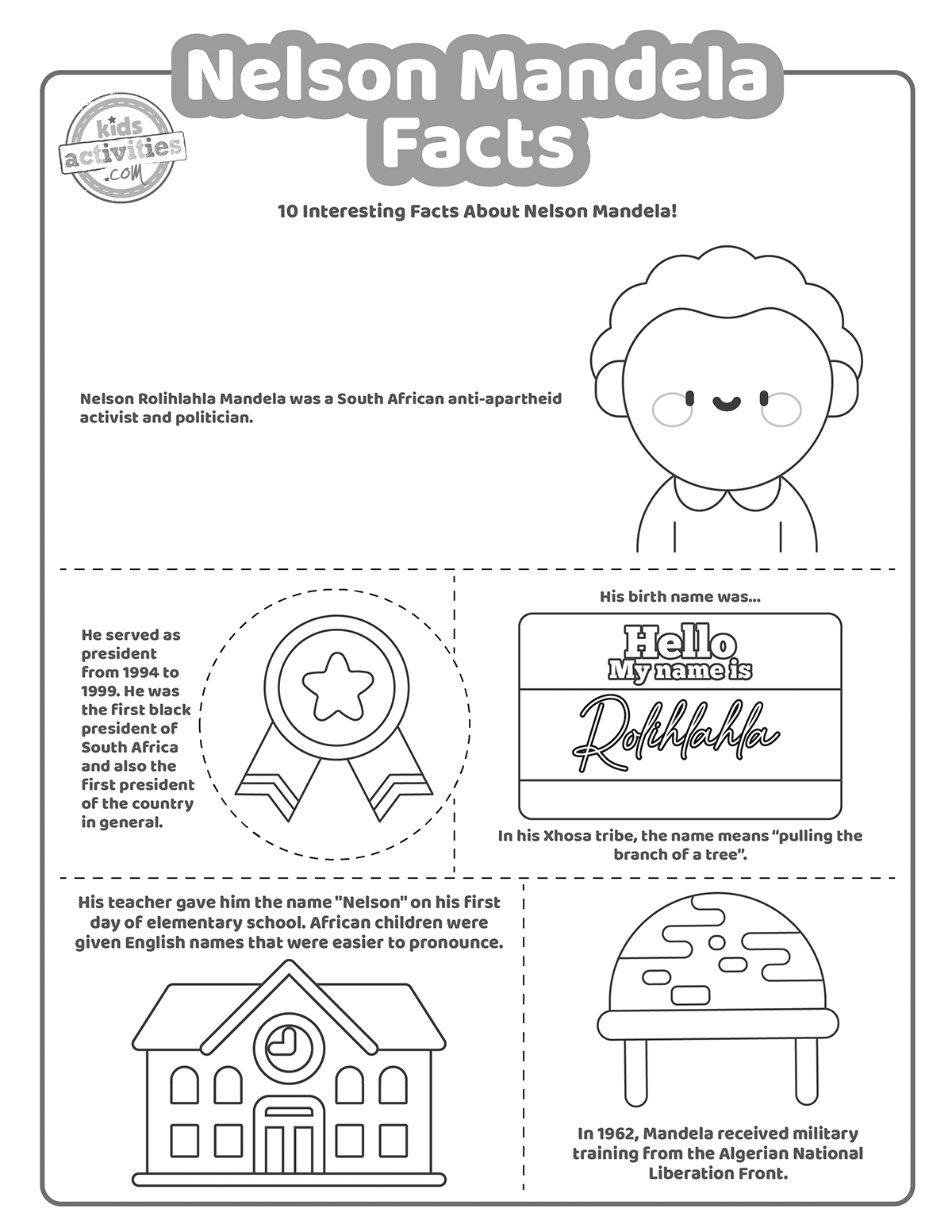 Pages à colorier sur Nelson Mandela - une feuille avec différents faits sur Nelson Mandela et des dessins représentant les faits.  Page de coloriage pour les enfants présentée en version pdf imprimée en noir et blanc du blog d'activités pour enfants. 

