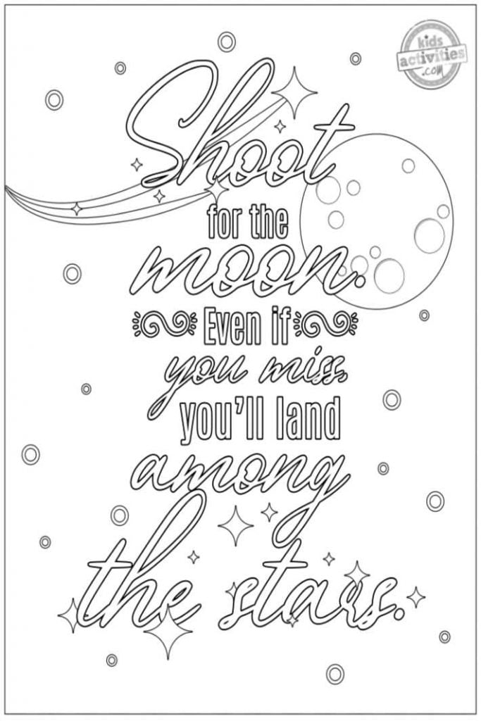 Coloriage de citation, "Visez la Lune Même si vous la ratez, vous atterrirez parmi les étoiles" - Blog d'activités pour enfants