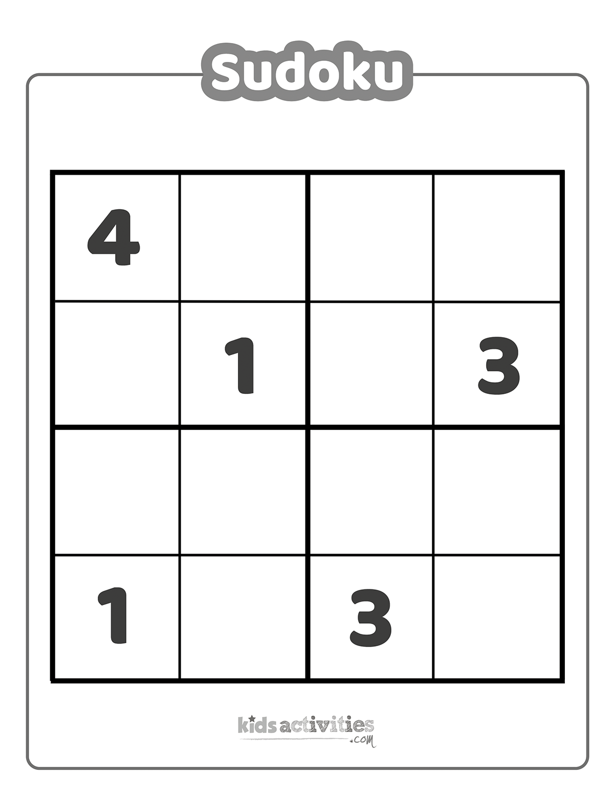 Jeux de sudoku imprimables en noir et blanc sur une grille 4x4 non résolus pour les enseignants des enfants, des étudiants et des adultes.  version pdf imprimée du blog d'activités pour enfants. 