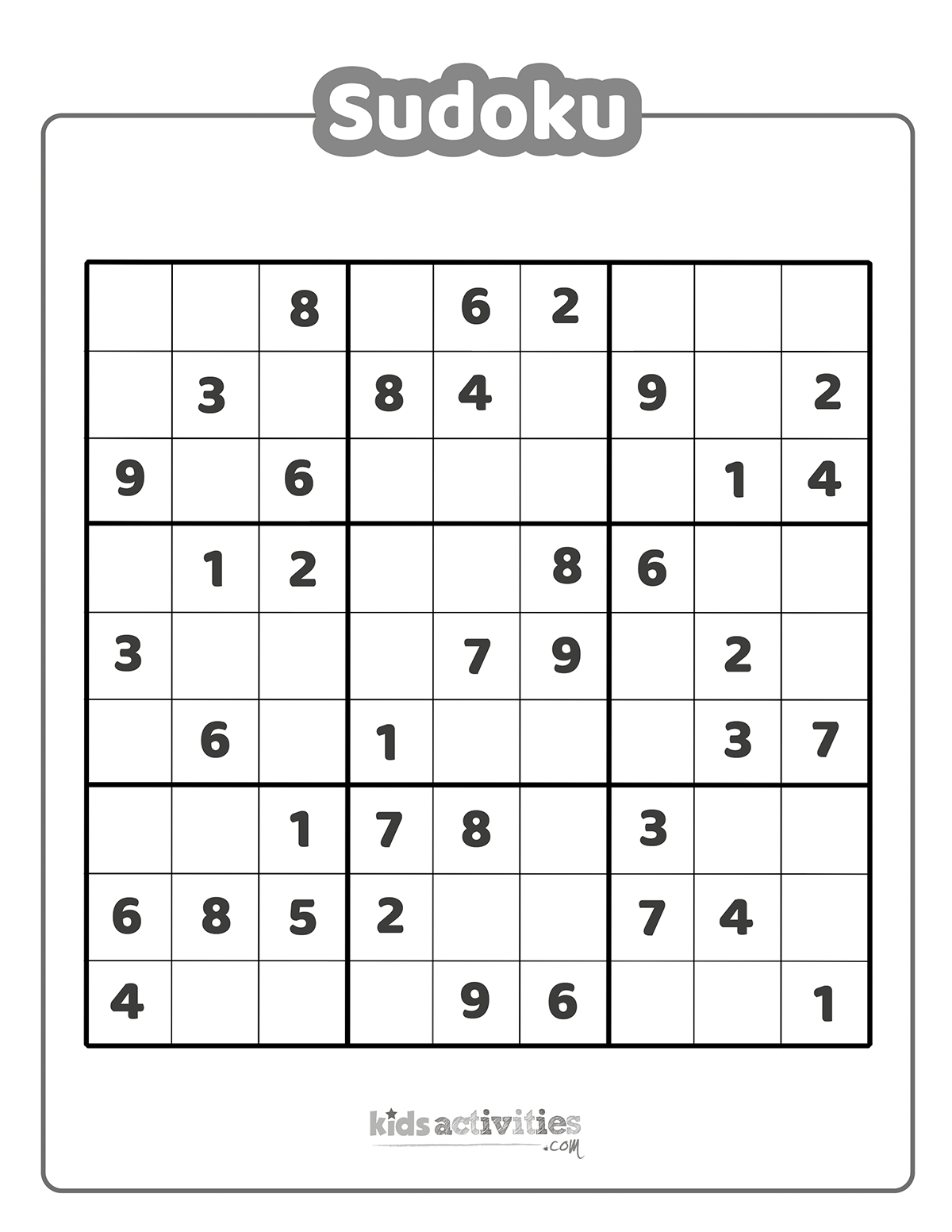 Jeux de sudoku imprimables en noir et blanc non résolus avec une grille 9x9 pour les enseignants pour enfants, étudiants et adultes.  version pdf imprimée du blog d'activités pour enfants. 