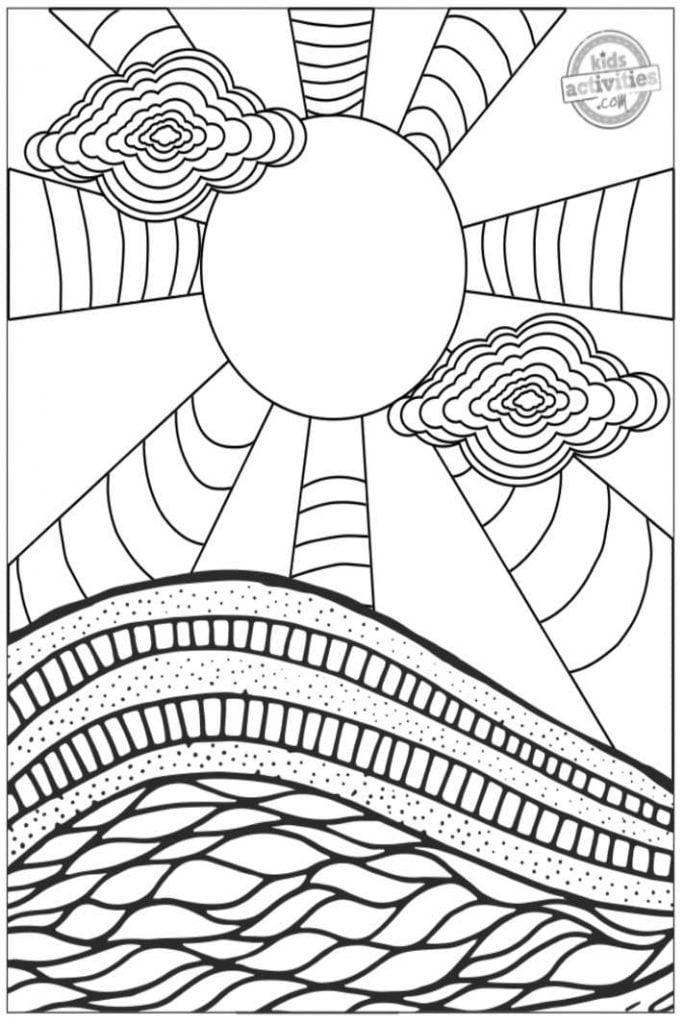 page de coloriage de paysage trippy - version pdf imprimée en dessins géométriques en noir et blanc
