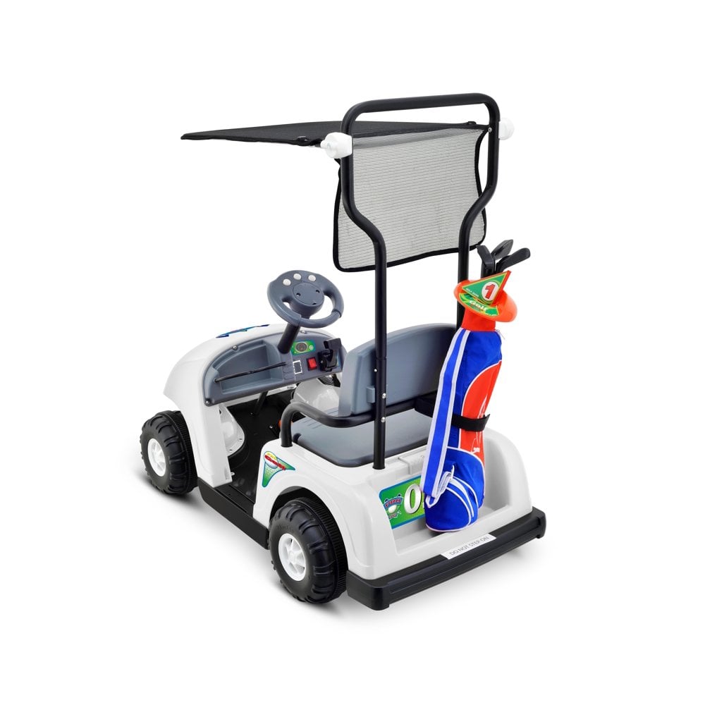 Voiture de golf pour enfants - voiturette de golf avec autocollants et jeu de golf complet à l'arrière sur fond blanc - blog d'activités pour enfants
