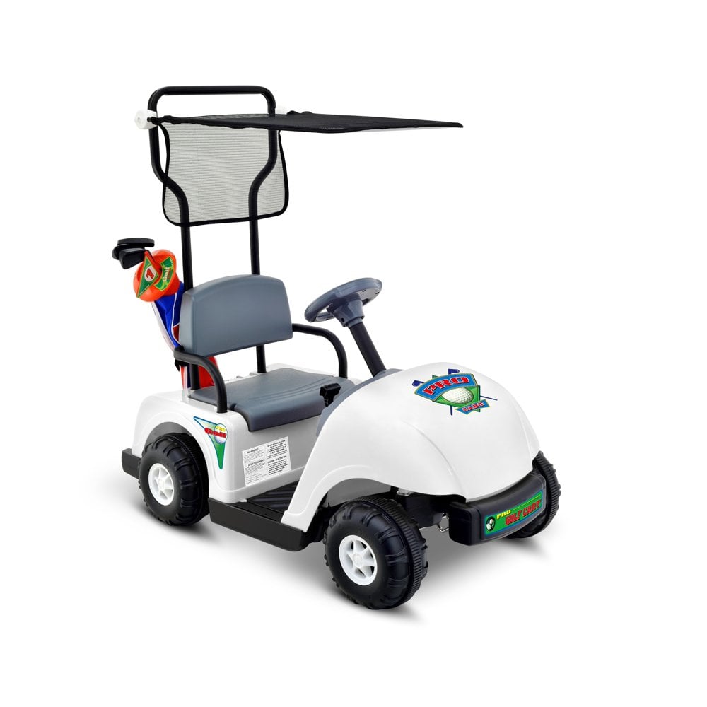 Voiture de golf pour enfants - voiturette de golf avec autocollants et jeu de golf complet à l'arrière sur fond blanc - blog d'activités pour enfants
