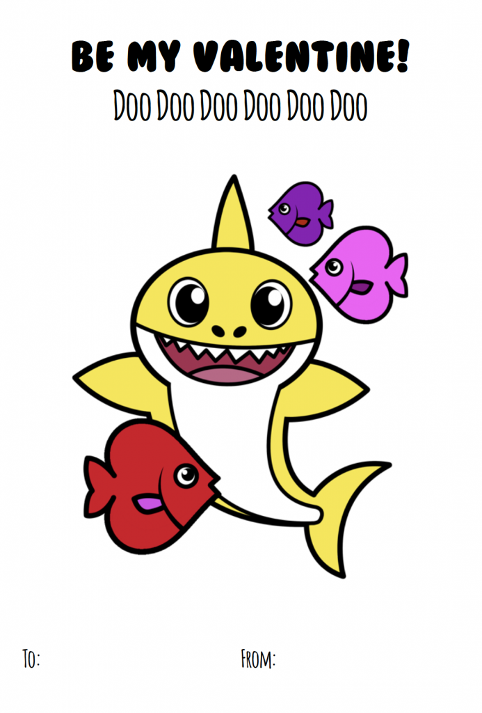 Cartes de Saint-Valentin bébé requin sur fond blanc, fichier pdf imprimé avec requin jaune et poisson rouge, violet et rose - blog d'activités pour enfants