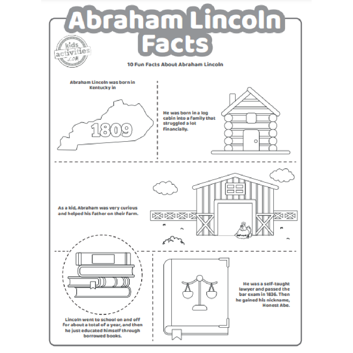 Les faits sur Abraham Lincoln ont imprimé la première page du fichier PDF affiché en noir et blanc avec 5 faits intéressants sur Abraham Lincoln
