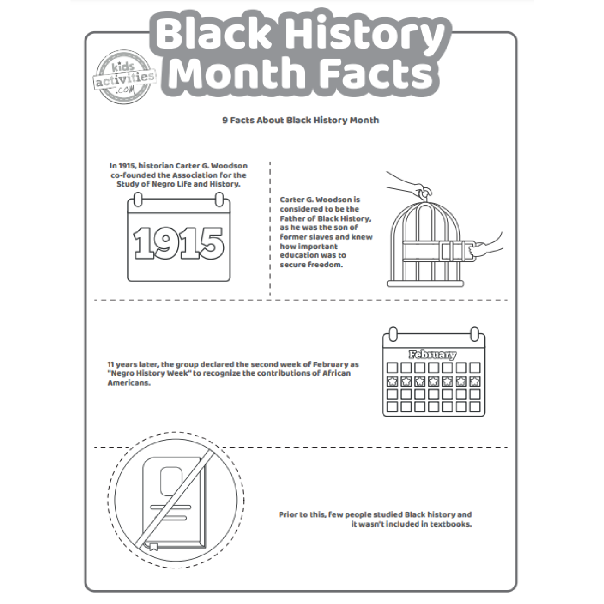 Les faits du Mois de l'histoire des Noirs ont imprimé la première page du fichier PDF affiché en noir et blanc avec 5 faits intéressants pour les enfants sur le Mois de l'histoire des Noirs
