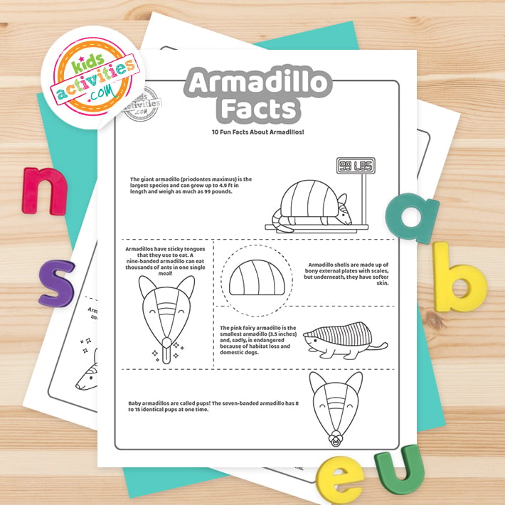 Pages à colorier en noir et blanc avec des faits sur Armadillo posés sur une feuille bleu-vert avec des lettres multicolores sur fond marron clair.
