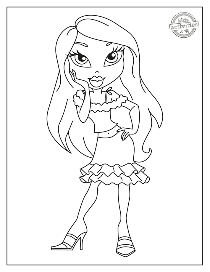 Coloriage Bratz de la poupée Bratz Cloe - PDF imprimé de Cloe Bratz dans une robe portant des talons - Kids Activities Blog