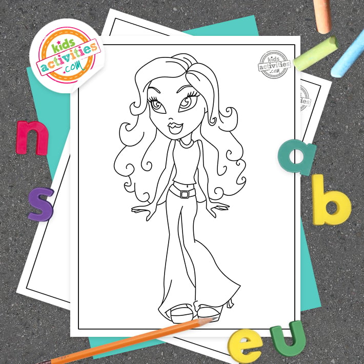 Pages à colorier Bratz imprimées en pdf sur une surface sombre entourée de fournitures artistiques - Blog d'activités pour enfants
