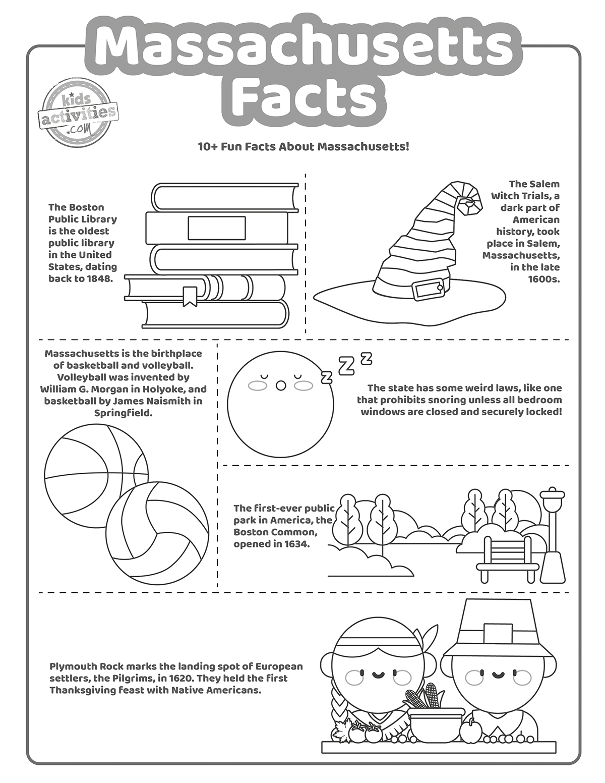 Capture d'écran d'une page à colorier en noir et blanc avec des faits sur le Massachusetts.