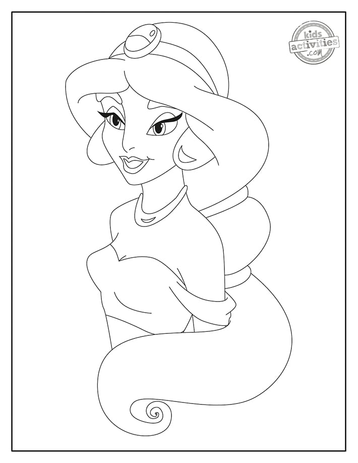 Coloriage du visage de Jasmine de la princesse Jasmine en gros plan avec ses longs cheveux flottants