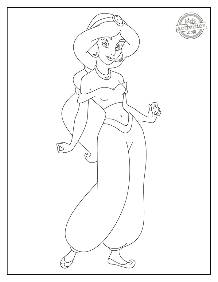 Coloriages princesse Jasmine imprimés en pdf de jasmin debout et vous regardant en dessin au trait noir et blanc - Kids Activities Blog