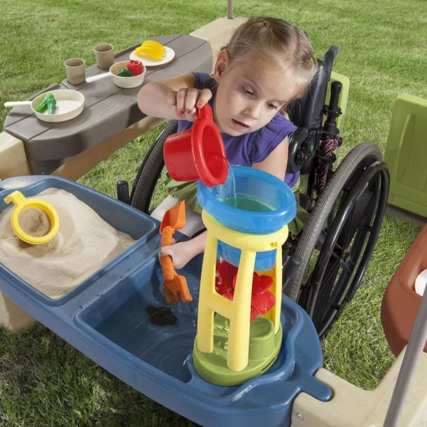 Conception d'une salle de spectacle extérieure accessible aux personnes en fauteuil roulant à partir de l'étape 2 : fille assise dans un fauteuil roulant utilisant un jeu d'eau et une aire de sable