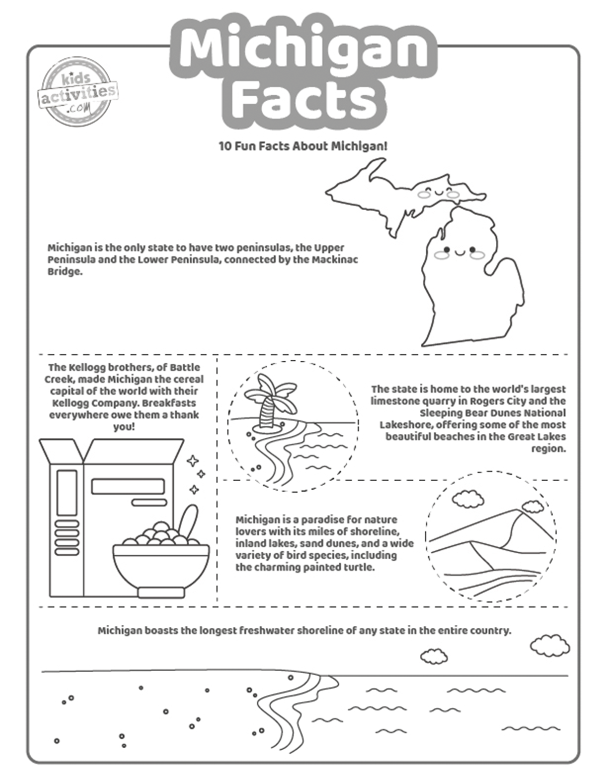 Capture d'écran d'une page à colorier en noir et blanc avec des faits sur le Michigan.