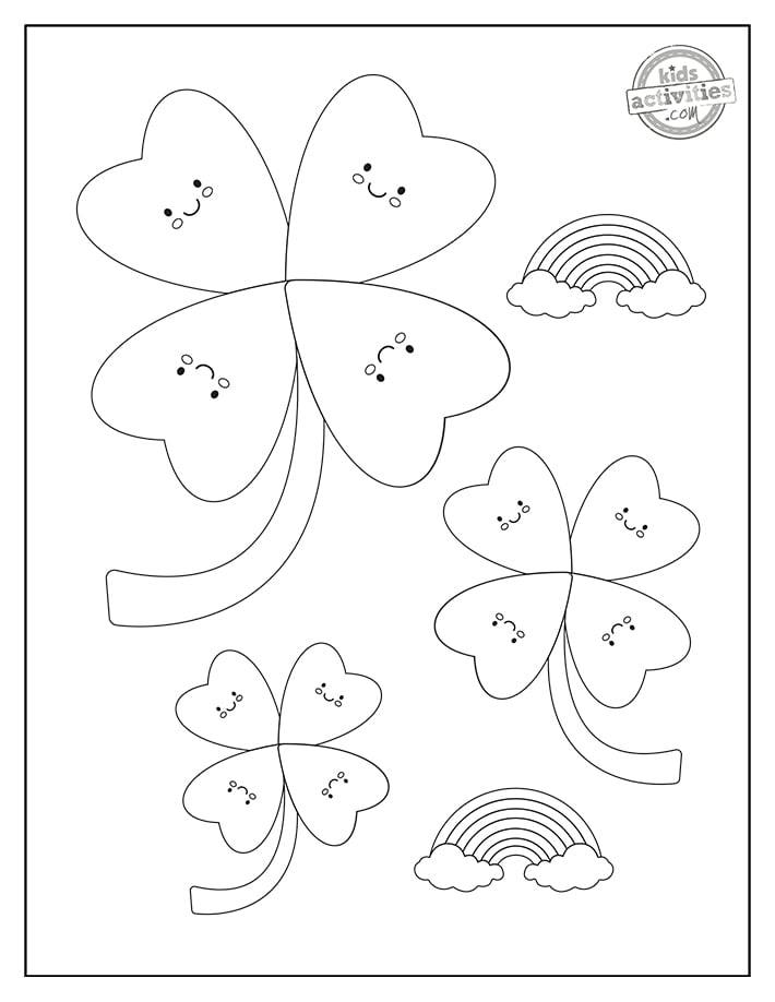 Pages de coloriage imprimables de trèfles - trois trèfles à quatre feuilles avec des arcs-en-ciel tout autour à colorier présentés ici en pdf imprimé en noir et blanc