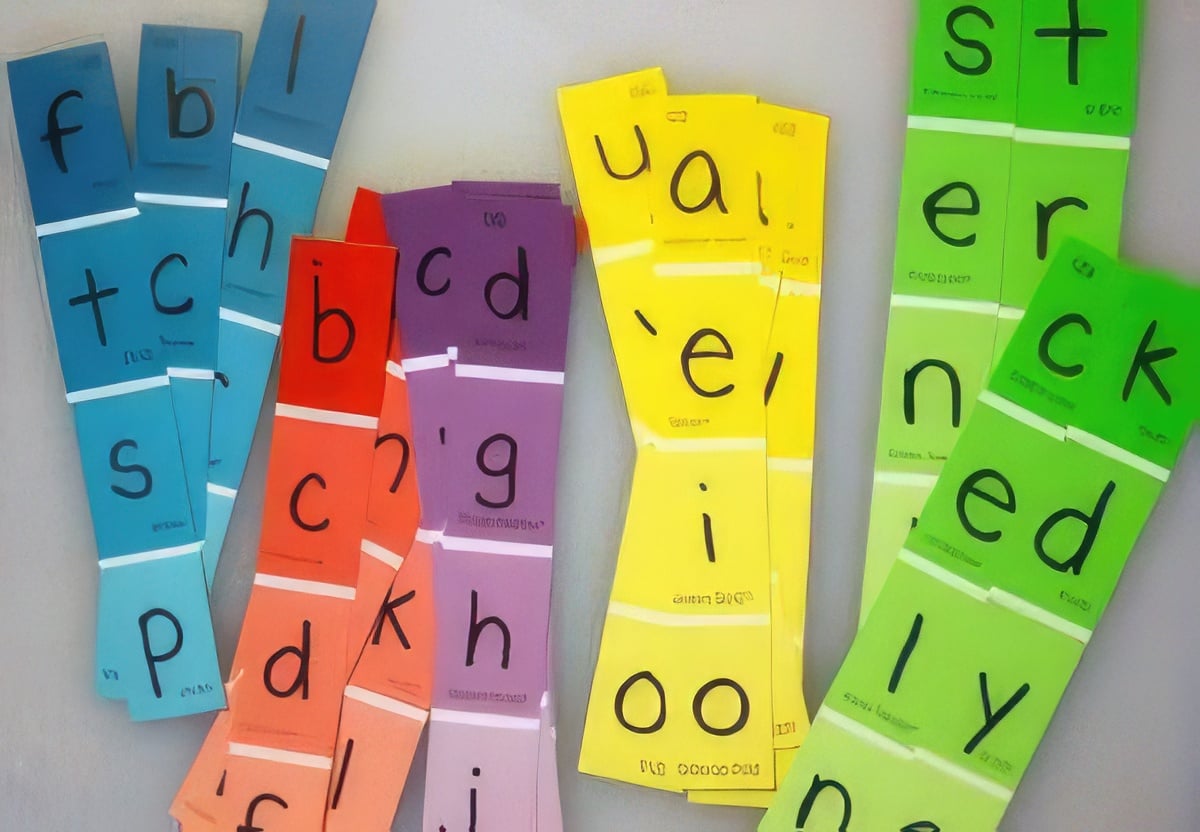 Mots CVC utilisant des échantillons de peinture - éclats de peinture colorés avec des lettres qui pourraient être mélangées et assorties pour la pratique des mots CVC sur une table grise