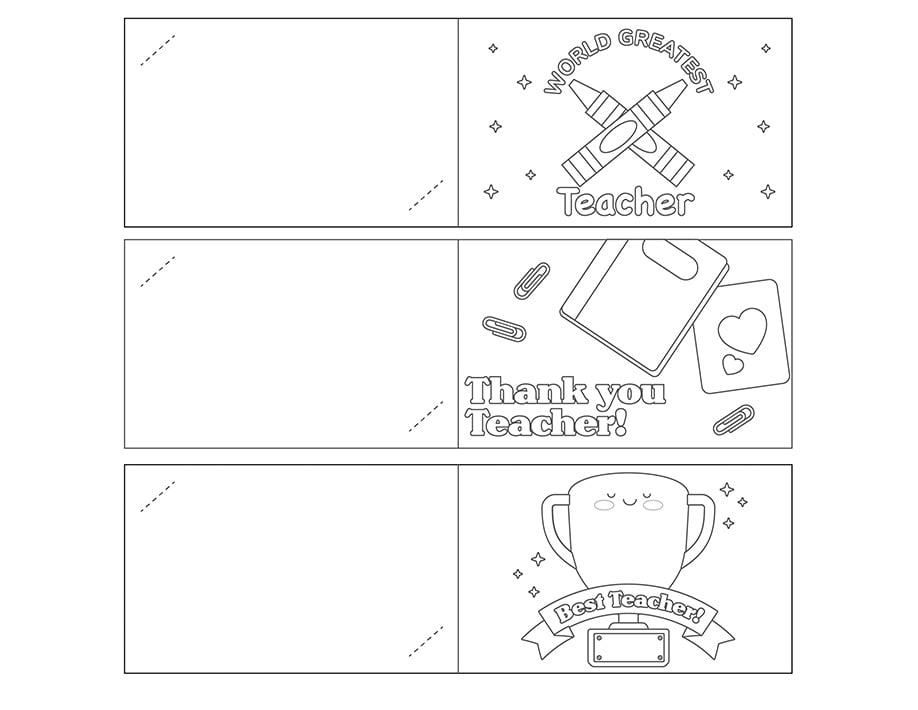 Capture d'écran de détenteurs de cartes-cadeaux pour enseignants en noir et blanc avec des motifs liés à l'école.  version pdf imprimée du blog d'activités pour enfants. 