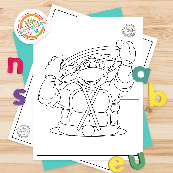 Coloriages Tortues Ninja version pdf imprimée sur table en bois - Kids Activities Blog