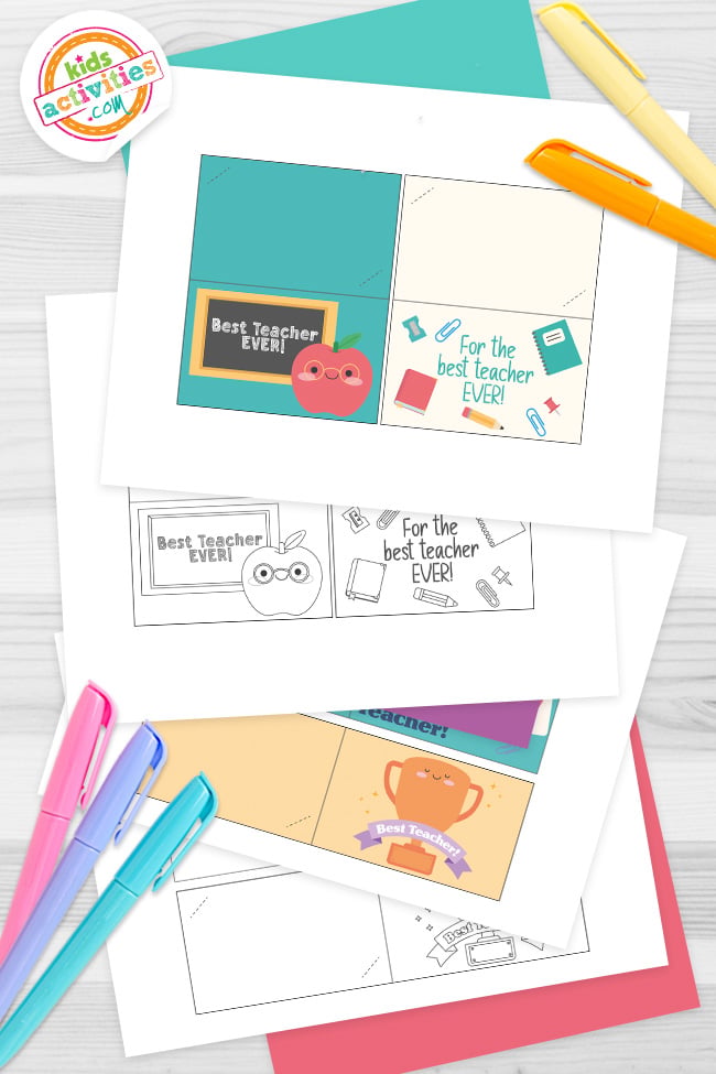 Set of black and white as well as full color teacher gift card holders, on top of blue-green and purple sheets with assorted crayons on a dark grey background. printed pdf version from Kids activities blog.