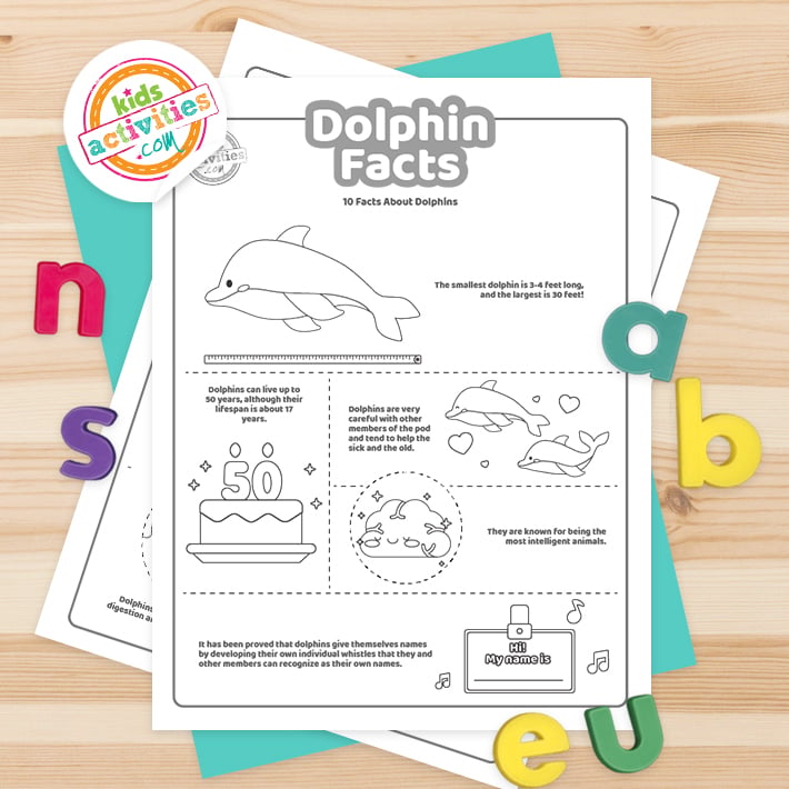 Feuilles imprimables de faits sur les dauphins présentées sous forme PDF imprimée, empilées sur une table avec des lettres et le logo du blog d'activités pour enfants