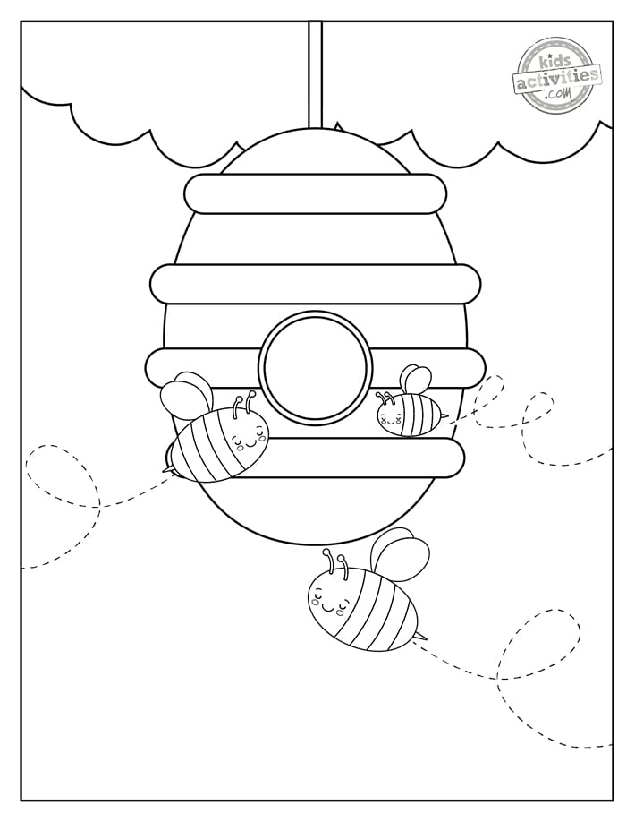 Coloriages d'abeilles - les abeilles bourdonnant autour d'une ruche à colorier, version PDF imprimée présentée en noir et blanc à partir du blog d'activités pour enfants
