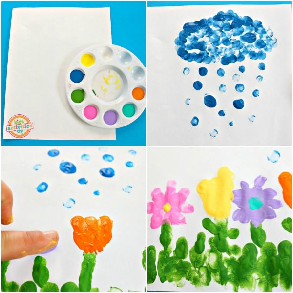 Les averses d'avril apportent des fleurs de mai Artisanat d'empreintes digitales - Étapes 1 à 4 pour réaliser des créations printanières - obtenir de la peinture, peindre de la pluie, fabriquer des fleurs, terminer - Blog d'activités pour enfants