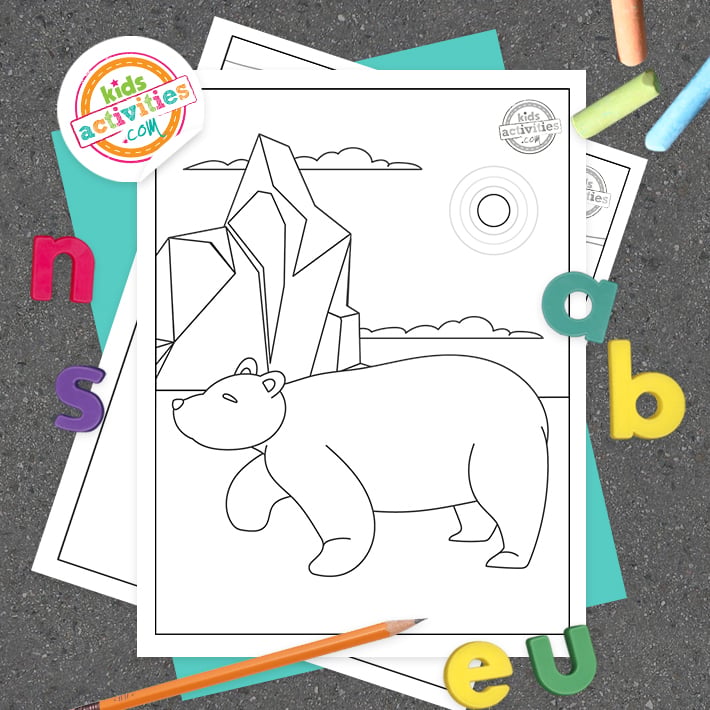 Coloriages d'ours polaires Ours polaire adulte carré marchant sur la neige avec de la glace à l'arrière au-dessus du deuxième ours polaire à colorier sur du papier bleu sur l'asphalte avec des aimants alphabet, de la craie et des crayons