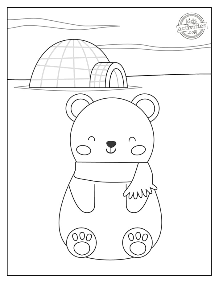 Coloriages d'ours polaires en fichier pdf imprimé avec un bébé ours polaire assis sur la neige avec une écharpe avec un igloo en arrière-plan - blog d'activités pour enfants