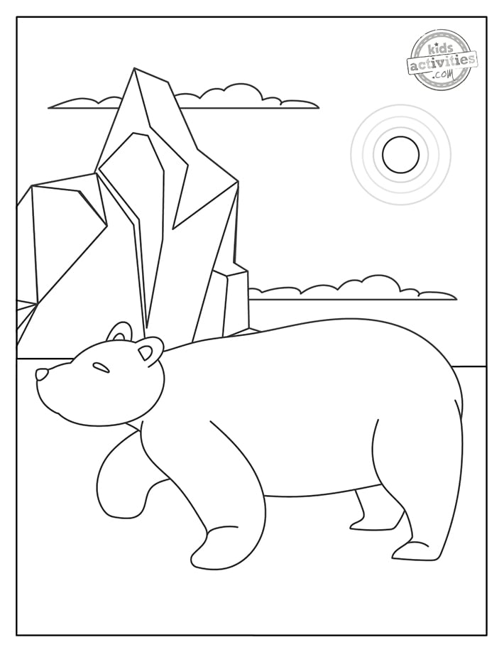 Coloriages d'ours polaires en fichier pdf imprimé avec un ours polaire adulte marchant dans la neige avec de la glace en arrière-plan et le blog d'activités pour enfants avec le soleil