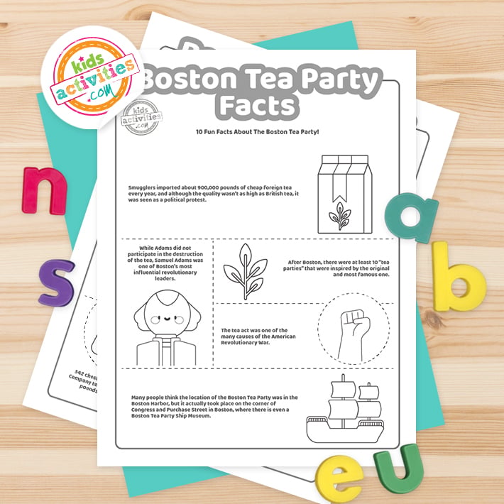 Pages à colorier en noir et blanc avec des faits sur le Boston Tea Party posés sur une feuille bleu-vert avec des lettres multicolores sur fond marron.