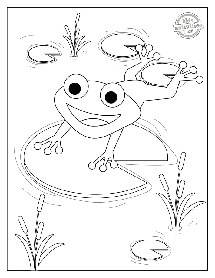 Coloriages de grenouille heureuse version pdf imprimée du fouet sautant sur un tapis de lys
