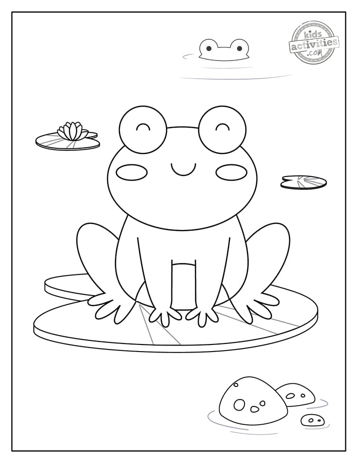 Page de coloriage de grenouille version pdf imprimée de grenouille assise sur un lillypad avec une autre grenouille nageant derrière