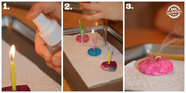 Comment le feu brûle - trois étapes pour expérimenter le feu pour les enfants = pulvériser de l'eau sur une bougie, recouvrir la bougie de verre et laisser la bougie brûler jusqu'à la mèche