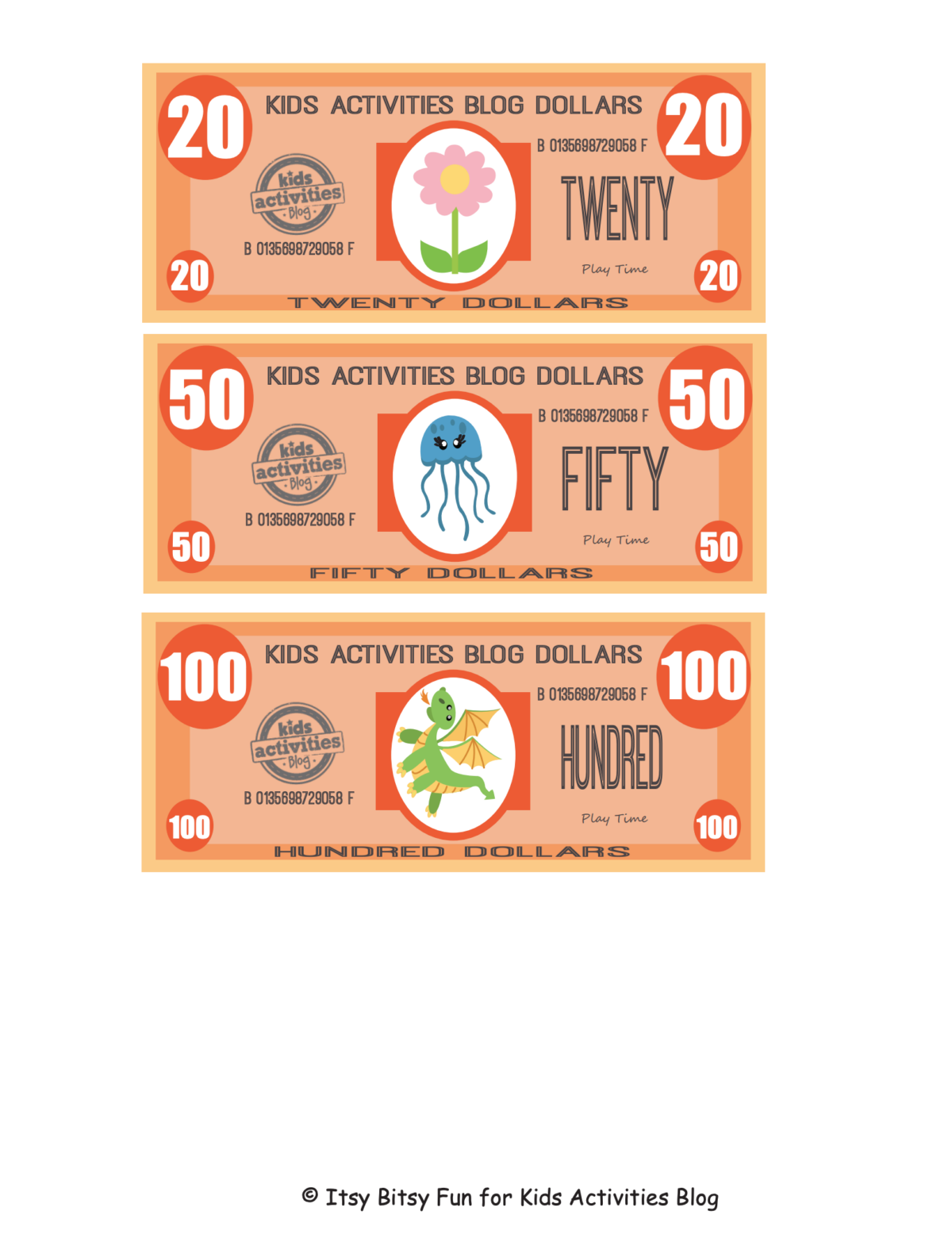 Fichier pdf imprimable Play Money prêt à couper avec des ciseaux avec trois dénominations différentes : 20 $, 50 $ et 100 $