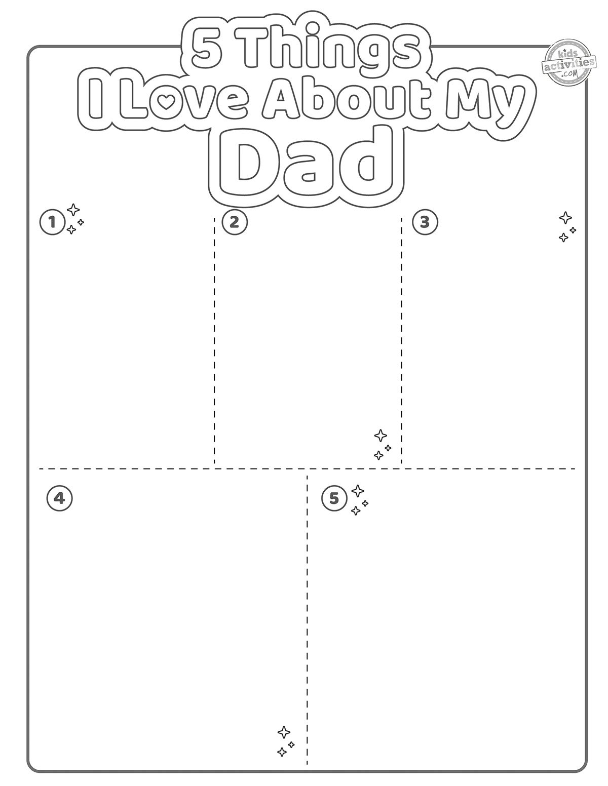 Capture d'écran de la version PDF imprimable en noir et blanc de « 5 choses que j'aime chez mon père » du blog d'activités pour enfants.