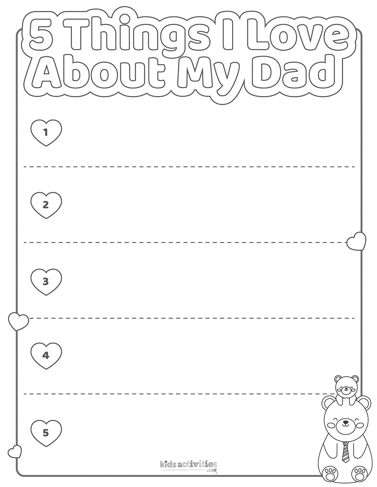 Capture d'écran de la version PDF imprimable en noir et blanc de « 5 choses que j'aime chez mon père » du blog d'activités pour enfants.